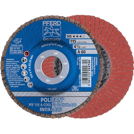 Pferd 62362 4-1/2in x 7/8in POLIFAN Flap Disc - Flat SG Aluminum Oxide COOL 60G 62362-PFERD